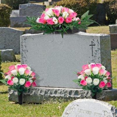 Product: XunYee 3 Pcs Artificial Cemetery Flower Set Cemetery Flowers Saddle Flowers Rose Bouquets with Vase 1 Saddle and 2 Memorial Bouquets for Outdoor Headstone Decor Grave(Pink, White)