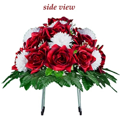 Silky Flower Store Sympathy Silks Artificial Cemetery Flowers, Two Tone Dark Red Rose White Mum Saddle Headstone 20.5cm 15 15 Product: Sympathy Silks Artificial Cemetery Flowers - Realistic - Outdoor Grave Decorations - Non-Bleed Colors, and Easy Fit - Two Tone Dark Red Rose with White Mum Saddle for Headstone