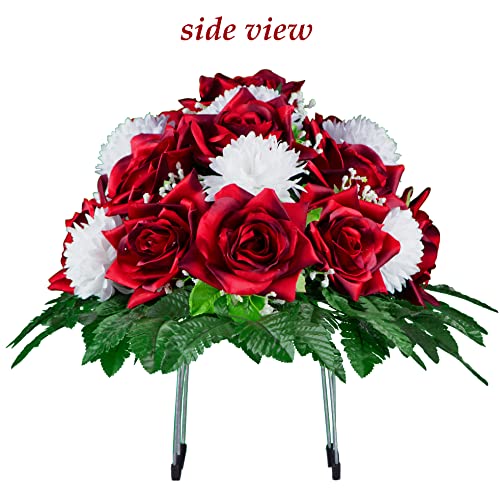 Silky Flower Store Sympathy Silks Artificial Cemetery Flowers, Two Tone Dark Red Rose White Mum Saddle Headstone 20.5cm 6 6 Product: Sympathy Silks Artificial Cemetery Flowers - Realistic - Outdoor Grave Decorations - Non-Bleed Colors, and Easy Fit - Two Tone Dark Red Rose with White Mum Saddle for Headstone