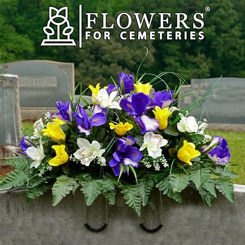 Product: Sympathy Silks Artificial Cemetery Flowers – Realistic Vibrant Tulips, Outdoor Grave Decorations - 30" Yellow Tulip Purple Iris White Orchid Saddle for Headstone