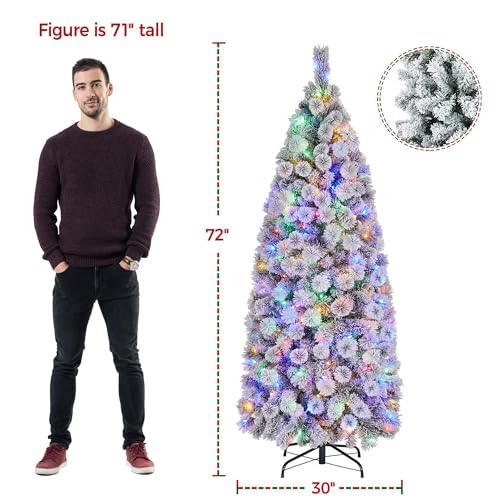 Product: Yaheetech 6ft Pre-lit Snow Flocked Christmas Tree, Premium Hinged Artificial Pine Tree w/ 250 Colorful LED Lights and 564 Branches Tips, Prelit Slim Pencil Christmas Tree w/Metal Stand White