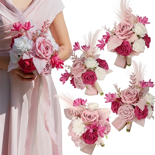 BENCENTRE 7 Inch Hot Pink Bridesmaid Bouquet for Wedding, Set of 4, Small Wedding Bouquet,for Marriage Proposal Party and Vintage Wedding Ceremony Anniversary,Artificial Flowers - Artificial Flower Arrangements Product: BENCENTRE 7 Inch Hot Pink Bridesmaid Bouquet for Wedding, Set of 4, Small Wedding Bouquet,for Marriage Proposal Party and Vintage Wedding Ceremony Anniversary,Artificial Flowers