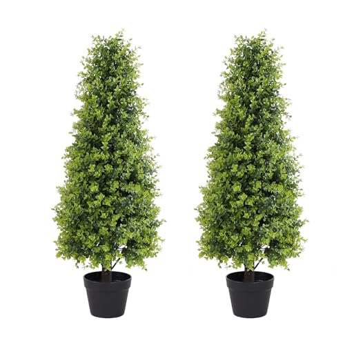 Product: Binnny Flower 3ft Artificial Boxwood Topiary Trees, Set of 2 – UV Resistant Faux Evergreen Shrubs and Bushes for Outdoor Planters, Realistic Fake Plants for Front Porch Outside Patio Yard, 3 Foot Tall
