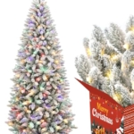 Product: 7.5ft Slim Flocked Prelit Christmas Tree with 1200 Realistic Branch Tips - Easy Set-Up Artificial Pencil Tree