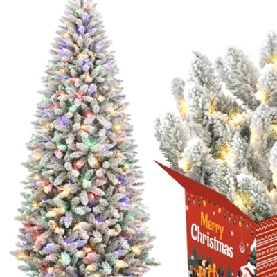 Product: 7.5ft Slim Flocked Prelit Christmas Tree with 1200 Realistic Branch Tips - Easy Set-Up Artificial Pencil Tree