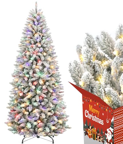 7.5ft Slim Flocked Prelit Christmas Tree with 1200 Realistic Branch Tips - Easy Set-Up Artificial Pencil Tree - Artificial Flower Arrangements Product: 7.5ft Slim Flocked Prelit Christmas Tree with 1200 Realistic Branch Tips - Easy Set-Up Artificial Pencil Tree