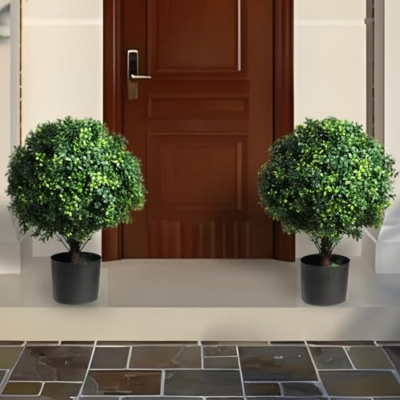 Product: Artificial Boxwood Topiary Ball Tree Outdoor Porch Trees Set of 2 22'' T * 15'' D, Faux Boxwood Plants Outdoor Home Garden Christmas Decorations for Home Porch (White)