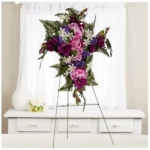 Product: Premade Purple and Pink Silk Flower Cross Cemetery Arrangement with Metal Easel for Graveside Memorial Day Decoration or Funeral Floral Spray for Mother, Father, Mom, Dad, Sister, Brother or Loved One