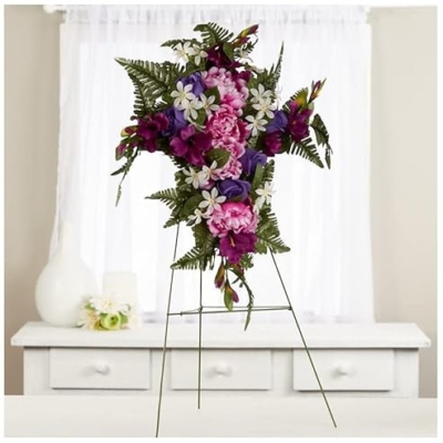 Product: Premade Purple and Pink Silk Flower Cross Cemetery Arrangement with Metal Easel for Graveside Memorial Day Decoration or Funeral Floral Spray for Mother, Father, Mom, Dad, Sister, Brother or Loved One