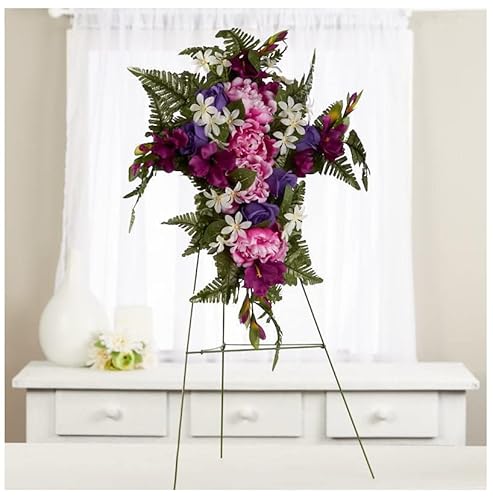 Premade Purple and Pink Silk Flower Cross Cemetery Arrangement with Metal Easel for Graveside Memorial Day Decoration or Funeral Floral Spray for Mother, Father, Mom, Dad, Sister, Brother or Loved One - Artificial Flower Arrangements Product: Premade Purple and Pink Silk Flower Cross Cemetery Arrangement with Metal Easel for Graveside Memorial Day Decoration or Funeral Floral Spray for Mother, Father, Mom, Dad, Sister, Brother or Loved One