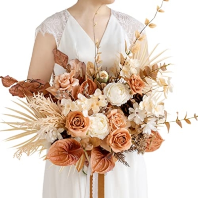 Product: Ling's Moment Boho Bridal Bouquet, Rustic Wedding Bouquets for Bride, 17 Inch Silk Free Form Fall Terracotta Artificial Wedding Flower Bouquet