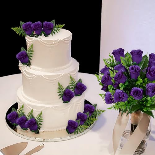 Product: SIFOEL Artificial Rose Flowers Bouquet Realistic Silk Rose Fake Flowers for Wedding Home Centerpiece Party Cemetery Grave Decoration (4, Purple)