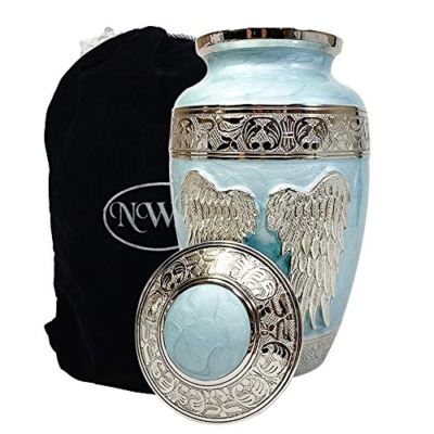 Product: Blue Angel Funeral Cremation Urn, Brass Large Angel Wings Urn with Custom Engraving