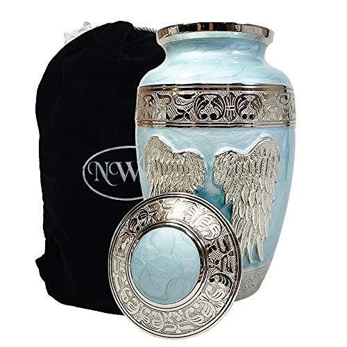Product: Blue Angel Funeral Cremation Urn, Brass Large Angel Wings Urn with Custom Engraving