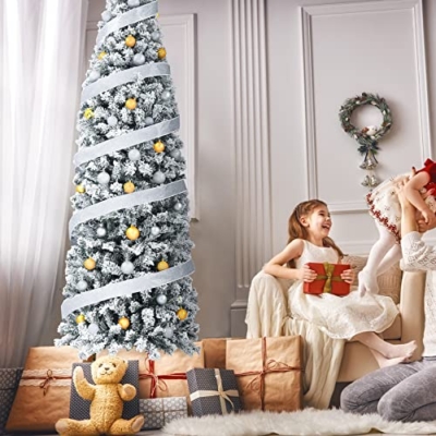 Product: 6FT Prelit Pencil Christmas Tree Artificial Snow Flocked Slim Skinny Christmas Trees with 250 LED Warm White Lights for Christmas Indoor Outdoor Decoration
