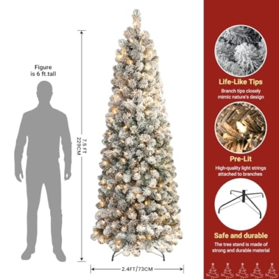 Product: SHareconn 7.5ft Prelit Snow Flocked Slim Pencil Christmas Tree - Warm White Lights & Full Branch Tips for Festive Holiday Decor