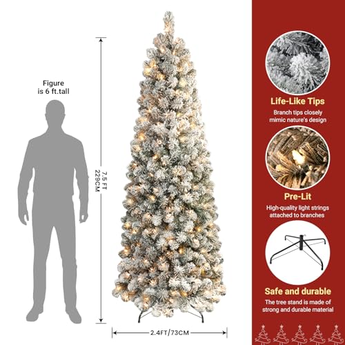 Product: SHareconn 7.5ft Prelit Snow Flocked Slim Pencil Christmas Tree - Warm White Lights & Full Branch Tips for Festive Holiday Decor