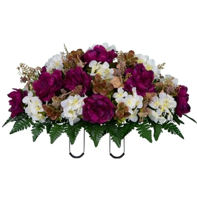 Product: Sympathy Silks Artificial Cemetery Flowers - Grave Decoration - Fall Arrangement - 30" Long Plum Peony and White Hydrangea Saddle for Loved One's Headstone