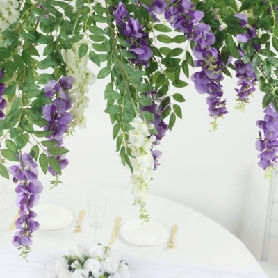 Silky Flower Store Artificial Silk Wisteria Vine Hanging Garland, Cream Purple Faux Floral Chandelier, 55cm 13 13 Product: Efavormart Cream Purple Artificial Silk Wisteria Vine Round Hanging Canopy, Draping Garland Flower Chandelier with Interchangeable Branches 55"