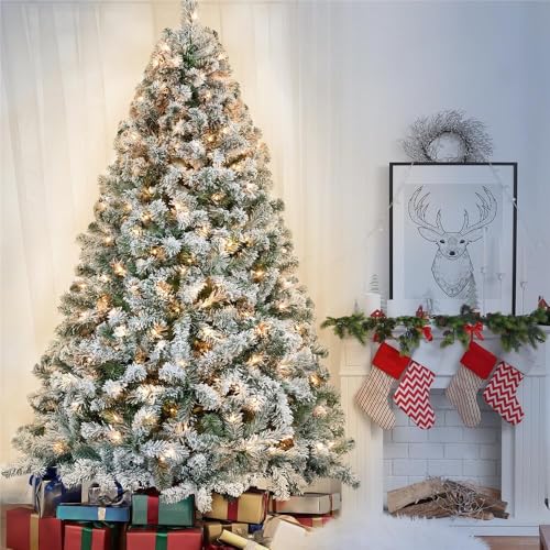 Product: Yaheetech 7.5ft Pre-lit Artificial Christmas Tree W/Incandescent Warm White Lights, Snow Flocked Full Prelighted Xmas Tree W/1284 Branch Tips, 550 Incandescent Lights & Foldable Stand, Green & White