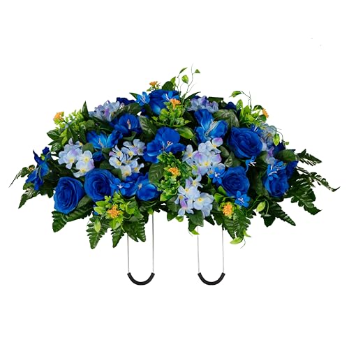 Sympathy Silks 30" Headstone Flower Saddle Artificial Cemetery Flowers - Gravesite Flowers - Blue Roses and Hydrangeas - Artificial Flower Arrangements Product: Sympathy Silks 30" Headstone Flower Saddle Artificial Cemetery Flowers - Gravesite Flowers - Blue Roses and Hydrangeas