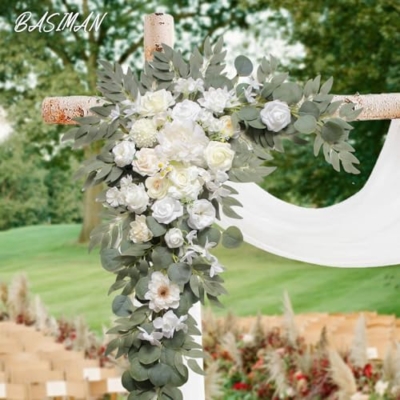 Silky Flower Store Wedding Arch Flower Kit with Drapes, Artificial Roses Backdrop Decoration, Pack of 3, 20.5cm 8 8 Product: BASIMAN Arch Flowers with Drapes Kit (Pack of 3) for Wedding Ceremony Arbor and Reception Backdrop Decoration Wedding Welcome Signs Floral Birthday Party Decoration