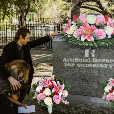 Product: HENOMO Cemetery Saddle Flower and Bouquets with Vases,Tombstone Floral Memorial Arrangement - Pink Lily and Rose,Graveside Decoration for Headstone