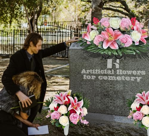 Product: HENOMO Cemetery Saddle Flower and Bouquets with Vases,Tombstone Floral Memorial Arrangement - Pink Lily and Rose,Graveside Decoration for Headstone