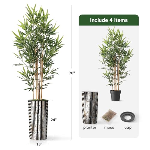 Product: Artificial Tree in Black and Brown Striped Planter, Fake Bamboo Silk Tree for Indoor and Outdoor Home Decoration - 70" Overall Tall (Plant Pot Plus Tree)
