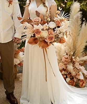 Silky Flower Store Boho Bridal Bouquet, Terracotta Silk Wedding Bouquet, Rustic Artificial Wedding Flowers, 17 Inch 8 8 Product: Ling's Moment Boho Bridal Bouquet, Rustic Wedding Bouquets for Bride, 17 Inch Silk Free Form Fall Terracotta Artificial Wedding Flower Bouquet