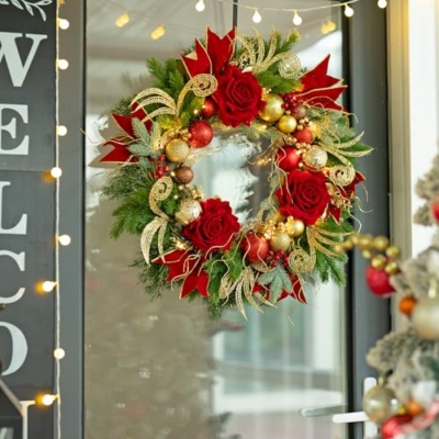 Silky Flower Store 24 Inch Christmas Wreath for Front Door, Outdoor Wreath with Lights, Pinecone, White Berries, Silver Ornaments, Yellow, 24in 7 7 Product: Christmas Wreath for Front Door–24Inch Outdoor Christmas Door Wreath with Lights,Xmas Wreath Classic Pinecone,White Berries and Silver Ornaments Design, Christmas Outdoor Wreath Decor (Yellow)