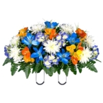 Product: Sympathy Silks 30" Headstone Flower Saddle - Blue Tiger Lily, Orange and Yellow Grave Flowers