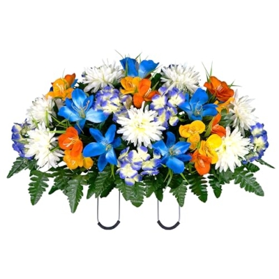 Product: Sympathy Silks 30" Headstone Flower Saddle - Blue Tiger Lily, Orange and Yellow Grave Flowers