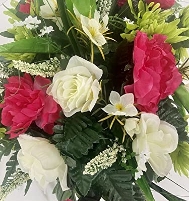 Silky Flower Store Artificial Cemetery Flower Grave Decoration, Pink Peony White Rose Headstone Saddle, Spring Summer Memorial, 32.5cm 11 11 Product: Spring Cemetery Flowers for Headstone and Grave Decoration-Pink Peony and White Rose Mix Saddle
