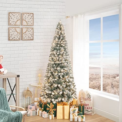Product: Naomi Home Salzburg 6.5ft Frosted Prelit Slim Artificial Christmas Tree with 864 Branch Tips, 250 Warm Lights and Metal Stand, 30" Wide Realistic Snow Flocked Skinny Pencil Christmas Tree