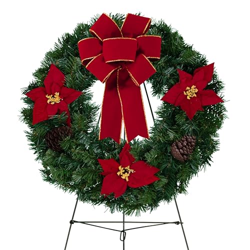 Product: Sympathy Silks - Artificial Pine Christmas Wreaths - Home Decor - Poinsettia and Pine Cones with Velvet Bow - Door Hanger & Easel Included