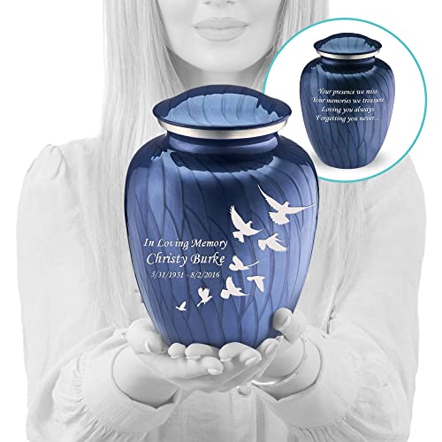 Product: Geturns Embrace Adult Personalized Doves Cremation Urns for Human Ashes I Large Pearl Cobalt Blue Funeral Urn for Adult Men and Women with Double Side Engraving I 200 lbs