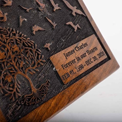 Product: INTAJ Cremation Urn for Human Ashes Adult Male Female - Tree of Life Wooden Box Urn for Ashes - Handmade Decorative Funeral Urn (Customised Tree Birds, L (9x6x5) 185 Cu/in)