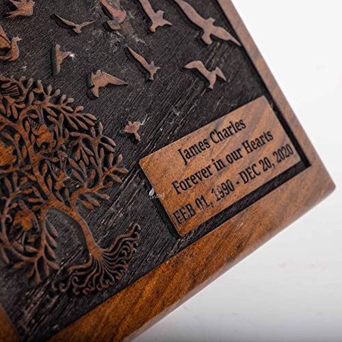 Product: INTAJ Cremation Urn for Human Ashes Adult Male Female - Tree of Life Wooden Box Urn for Ashes - Handmade Decorative Funeral Urn (Customised Tree Birds, L (9x6x5) 185 Cu/in)