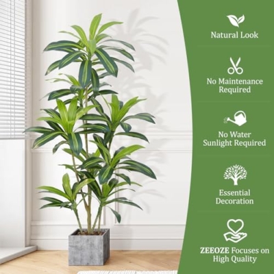 Product: ZEEOZE Dracaena Plant Artificial Tree 5Ft Tall Fake Tropical Floor Plants Potted (Real Touch) Artificial Silk Tree Leaf Faux Trees Black Tall Planter for Home Office Living Room Indoor Outdoor Decor
