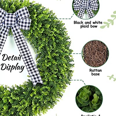 Silky Flower Store Artificial Boxwood Wreath, Faux Round Boxwood Wreath with Plaid Bow, UV Resistant Indoor Outdoor Decor, 32in 9 9 Product: Vlorart 32" Faux Round Boxwood Wreath, Artificial Large Boxwood Wreath Front Door Wreaths Artificial Spring Summer Greenery Hanging with A Plaid Bow for Villa Wall Hanging Window Wedding Party Decor