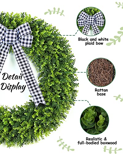 Silky Flower Store Artificial Boxwood Wreath, Faux Round Boxwood Wreath with Plaid Bow, UV Resistant Indoor Outdoor Decor, 32in 2 2 Product: Vlorart 32" Faux Round Boxwood Wreath, Artificial Large Boxwood Wreath Front Door Wreaths Artificial Spring Summer Greenery Hanging with A Plaid Bow for Villa Wall Hanging Window Wedding Party Decor