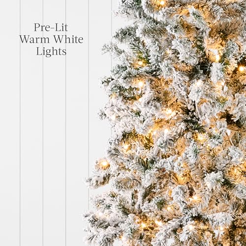 Product: Best Choice Products Flocked Pencil Christmas Tree, Pre-Lit Slim Artificial Holiday Decoration, 4.5ft Lighted Skinny w/Base, Warm White Lights