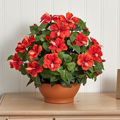 Silky Flower Store Nearly Natural Hibiscus Faux Floral Arrangement, Terracotta Pot, Artificial Home Office Decor, 20in x 22in 5 5 Product: Nearly Natural Hibiscus with Clay Planter