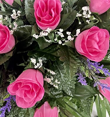 Silky Flower Store Artificial Cemetery Flower Saddle, Pink Rose Purple Accent Mix, Grave Headstone Decoration, Bendable Silk Floral Arrangement, 20.5cm 9 9 Product: Pink Rose Spring Cemetery Flowers for Headstone and Grave Decoration-Pink Rose with Purple Accent Mix Saddle