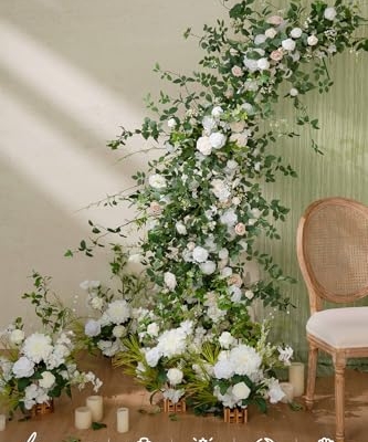 Silky Flower Store Artificial Eucalyptus Rose Garland, Sweetheart Table Decor, Wedding Arch Greenery, 6FT 9 9 Product: Ling's Moment Flower Garland - 6FT Eucalyptus & Rose - Sweetheart Table Decor for Wedding Reception, Artificial Floral Garland for Mantle, Spring, Christmas Decoration, White & Lily