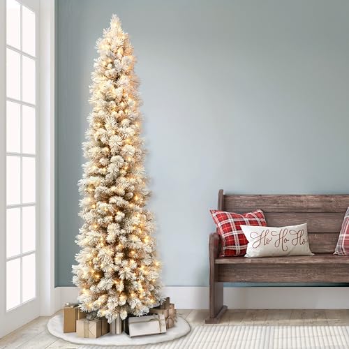 Silky Flower Store Pre-Lit Flocked Portland Pine Pencil Artificial Christmas Tree, 300 UL-Listed Clear Lights, 6.5 Foot 3 3 Product: Puleo International 6.5 Foot Pre-Lit Flocked Portland Pine Pencil Artificial Christmas Tree with 300 UL-Listed Clear Lights