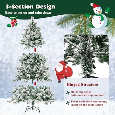 Product: Goplus 6ft Pre-Lit Snow Flocked Artificial Christmas Tree, Hinged Xmas Tree with 250 Warm-White LED Lights, 752 Branch Tips, Pine Needles, for Holiday Party Office Home Decor