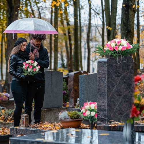 Product: XunYee 3 Pcs Artificial Cemetery Flower Set Cemetery Flowers Saddle Flowers Rose Bouquets with Vase 1 Saddle and 2 Memorial Bouquets for Outdoor Headstone Decor Grave(Pink, White)