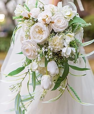 Silky Flower Store Artificial Bridal Bouquet, White Greenery Cascading Bouquet, Wedding Floral Arrangement, 12 Inch 10 10 Product: BENCENTRE 12-Inch White & Greenery Cascading Bridal Bouquet for Wedding Ceremony, Anniversary, French Rustic Vintage Style - Artificial Flowers